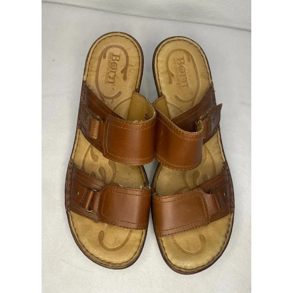 Born Slide Sandals Womens 9 Brown Leather Wedge Adjustable Straps cottagecore‎